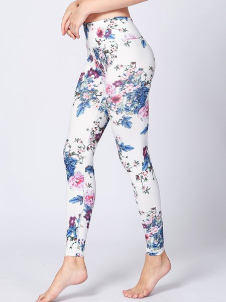 

Casual Floral Long Leggings, White, Leggings