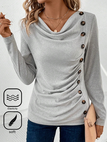 

Women's Long Sleeve Tee T-shirt Spring/Fall Plain Buttoned Daily Going Out Casual Top, Gray, T-Shirts