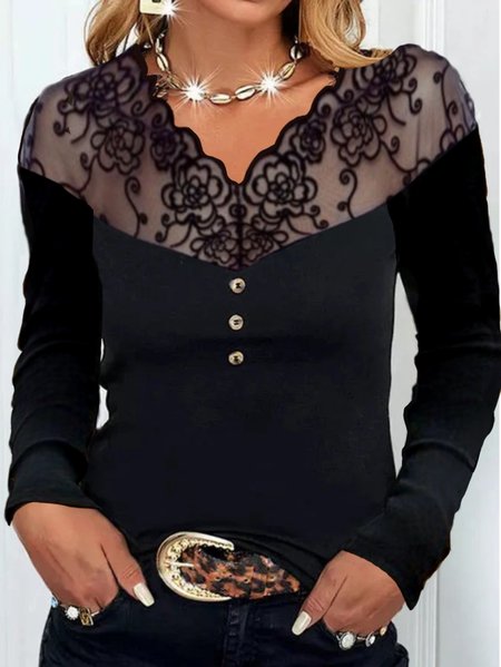 

Casual Plain V Neck Long Sleeve T-shirt, Black, T-shirts