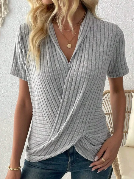 

JFN Casual Cotton-blend Loose Striped Solid Color Criss-cross Wrap Ribbed Knit T-Shirt, Gray, T-Shirts