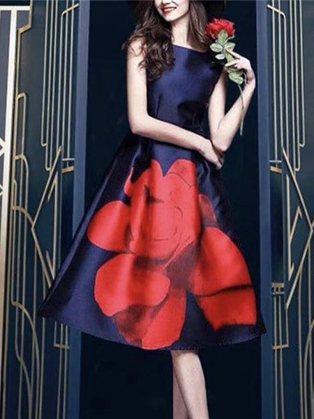 

Regular Fit Floral Crew Neck Elegant Midi Dress With No Belt, As picture, Midi Dresses