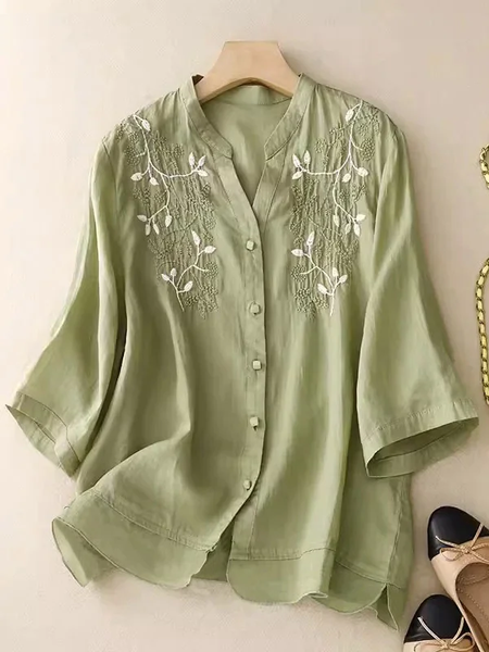 

Cotton And Linen Loose Casual V Neck Shirt, Lightgreen, Shirts & Blouses