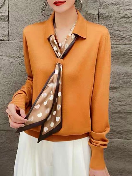 

Shirt Collar Heart Long Sleeve Loosen Elegant Shirt, Orange, Blouses and Shirts