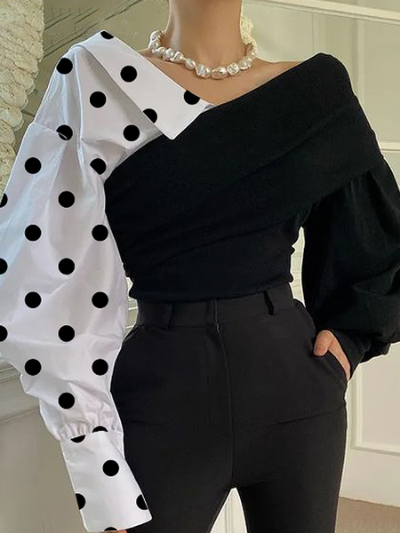 

Medium Elasticity Urban Asymmetrical Long Sleeve Color Block Blouse, Black-white, Blouses and Shirts
