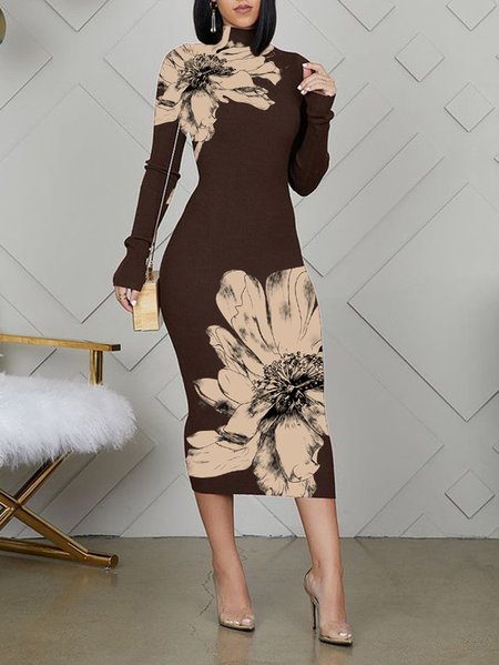 

Plus Size Tight Elegant Floral Stand Collar Dress, Brown, Plus Dresses