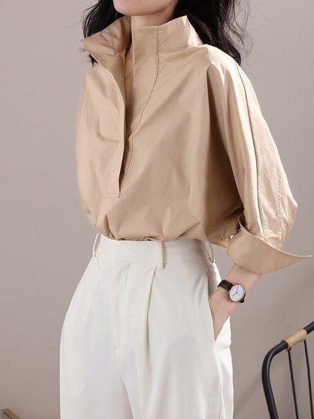 

Urban Plain Stand Collar Blouse, Khaki, Blouses and Shirts