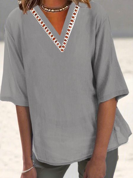 

Lace Loose V Neck Simple Plain Blouse, Gray, Blouses & Shirts