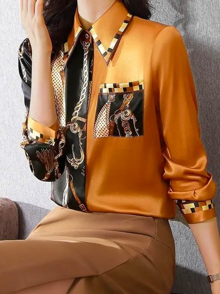 

Shirt Collar Abstract Urban Loose Long Sleeve Blouse, As picture, Blouses and Shirts