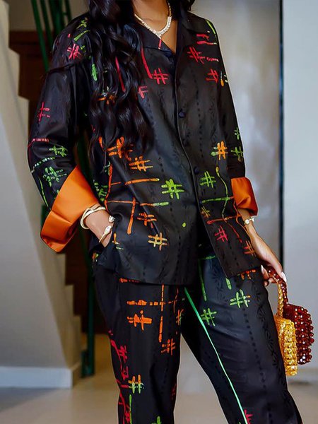 

Urban Loose Abstract Shirt Collar Long Sleeve Blouse, Black, Blouses and Shirts