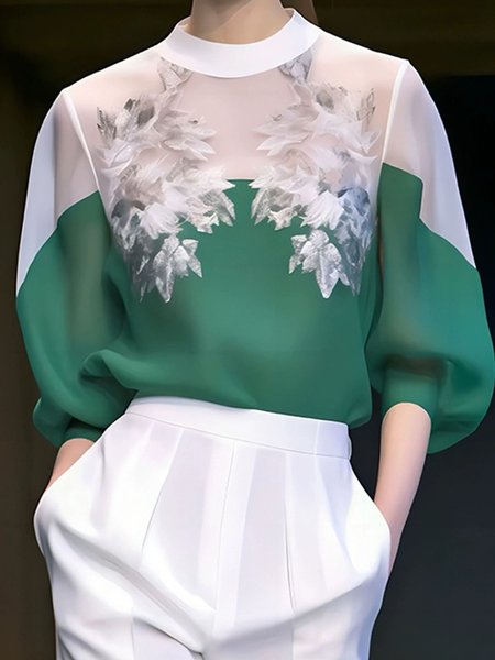 

Urban Loose Floral Color Block Crew Neck Shirt, Green, Blouses and Shirts