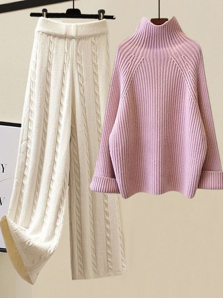 

Women Plain Turtleneck Long Sleeve Comfy Casual Top With Pants Two-Piece Set, Pink, Sets