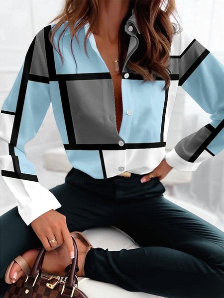 

Shirt Collar Long Sleeve Geometric Regular Loose Shirt For Women, Blue, Shirts