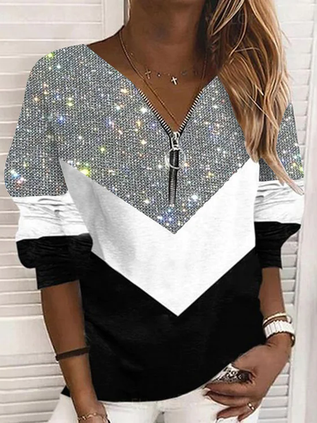 

Casual V Neck Color Block Sweatshirt Glitter, Multicolor, Hoodies & Sweatshirts