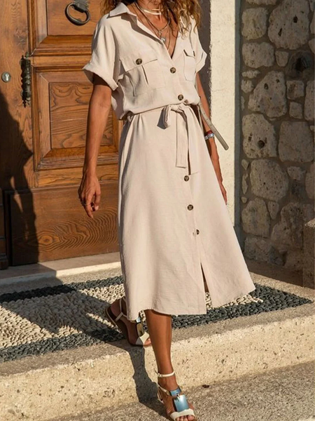 

Cotton Loose Shirt Collar Casual Shirt Dress With Belt, Apricot, Midi Dresses