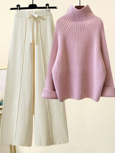 

Women Plain Turtleneck Long Sleeve Comfy Casual Top With Pants Two-Piece Set, Color9, Sets