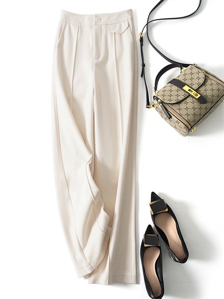 

Women's Casual Plain Long Loose Woolen Straight Pants, Off white, Pants
