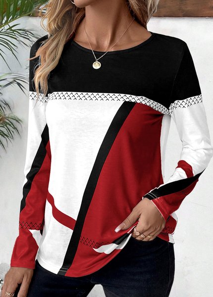 

Women Color Block Crew Neck Casual Long Sleeve T-shirt, Red, Long Sleeves