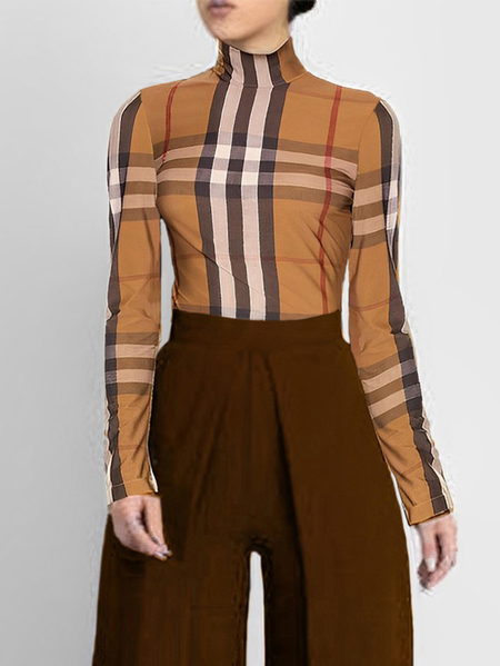 

Plus Size Urban Tight Plaid Long Sleeve Turtleneck T-Shirt, As picture, Plus Tops