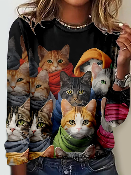 Casual Crew Neck Funny Cat Long Sleeve Shirt