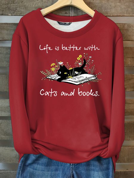 

Women’s Life Is Better With Cats And Books Casual Cotton-Blend Fleece Sweatshirt, Red, Hoodies&Sweatshirts
