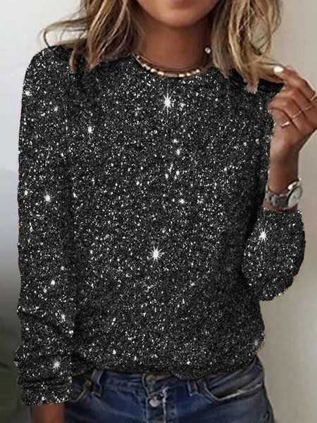 

Crew Neck Loose Random Print Casual T-Shirt, Black, Long sleeves