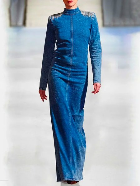 

Urban Regular Fit Long Sleeve Denim Maxi Dress With No Belt, Blue, Denim Dresses