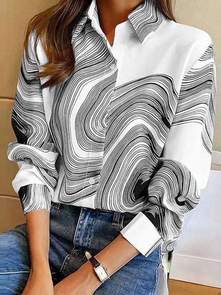 

Casual Shirt Collar Loose Abstract Stripes Blouse, White, Shirts & Blouses
