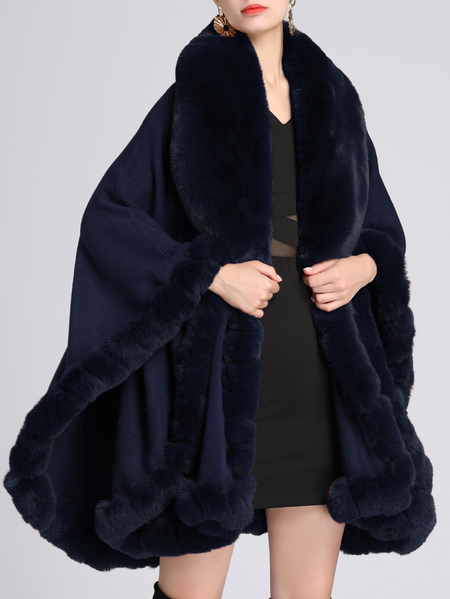 

Fluff/Granular Fleece Fabric Loose Elegant Mid-long Plain Leather & Faux Leather Teddy Jacket, Navyblue, Coats