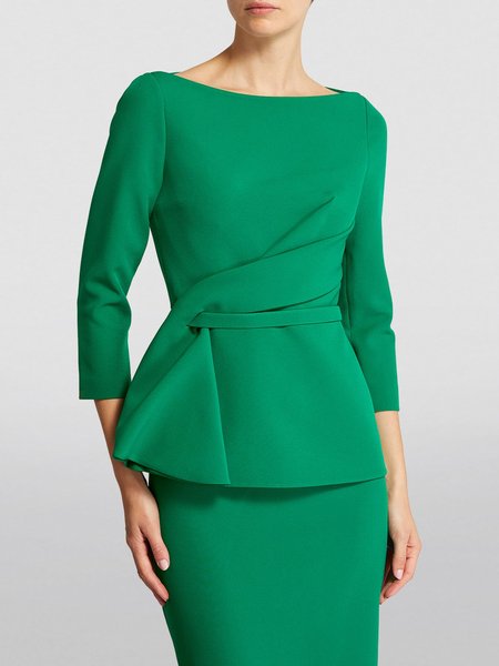 Elegant Regular Fit Boat Neck Plain Shirt, Green, Blouses and Shirts