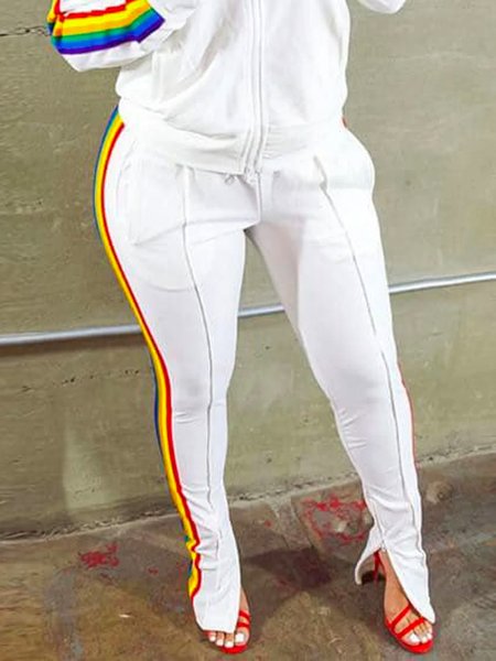 Casual Color Block Pants, White, Pants