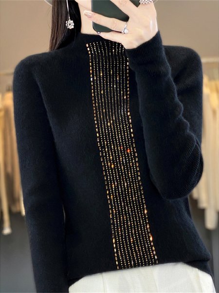 

Women Wool/Knitting Plain Long Sleeve Comfy Casual Hot Drilling Sweater, Black, Sweaters