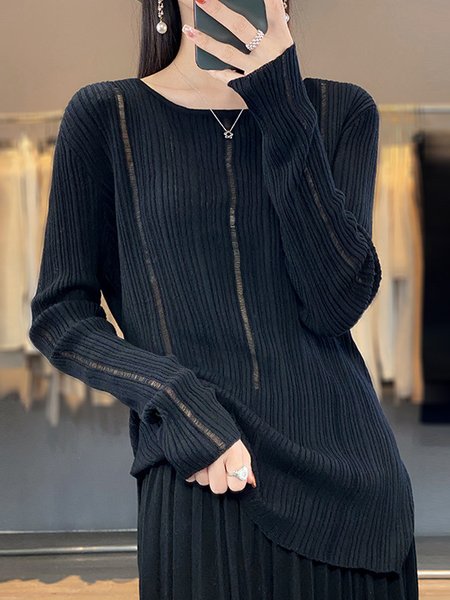 

Women Wool/Knitting Plain Long Sleeve Comfy Casual Hollow Out Sweater, Black, Sweaters