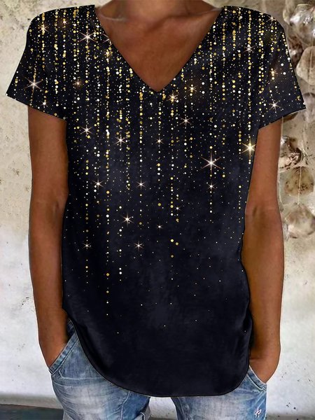 

Gradient Pattern V Neck Loose Casual T-Shirt, Black, T-Shirts