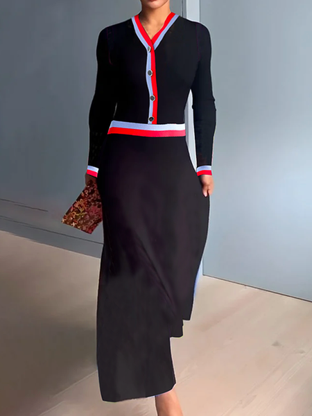 

Regular Fit High Elasticity V Neck Long Sleeve Elegant Maxi Dress, Black, Maxi Dresses