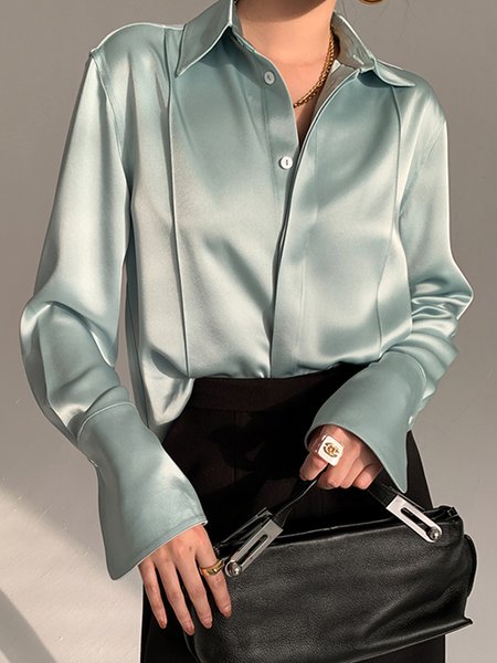 

Plain Satin Shirt Collar Urban Regular Fit Blouse, Lightgreen, Blouses and Shirts
