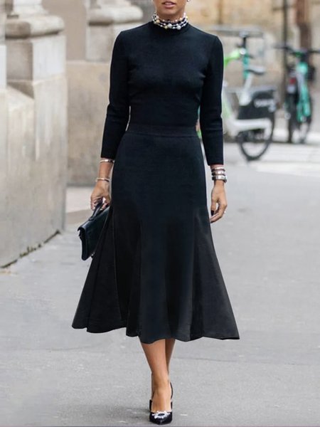 

Urban Regular Fit Crew Neck Plain Midi Dress, Black, Midi Dresses