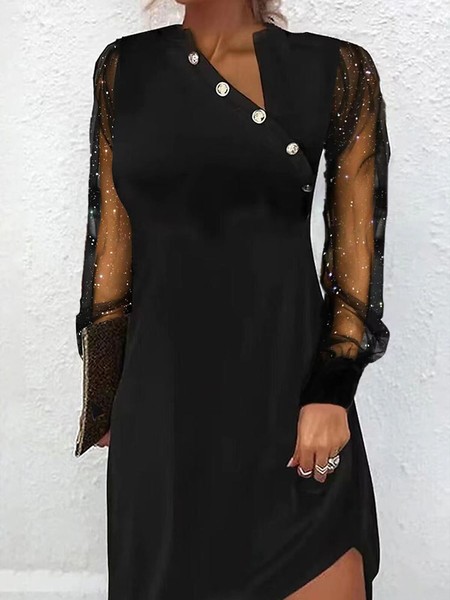 

Women Plain Asymmetrical Collar Long Sleeve Comfy Casual Buckle Short Dress, Black, Dresses