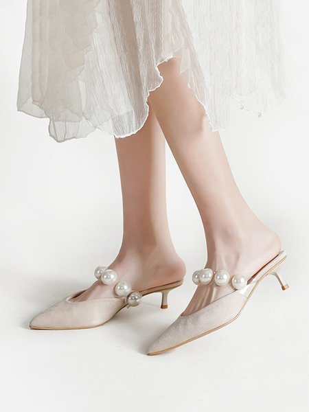 

Elegant Imitation Pearl PVC Band Pointed Toe Low Heel Mules, Apricot, Heels