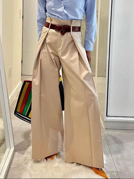 Urban Plain High Waist Fashion Wide leg Pants, Khaki, Pants