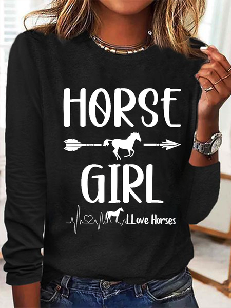 

Women's Heartbeat Horse Lover Simple Regular Fit Long Sleeve Shirt, Black, Long sleeves