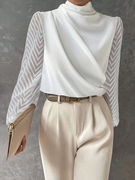 

Long Sleeve Plain Mesh Regular Loose Shirt For Women, White, Blouses