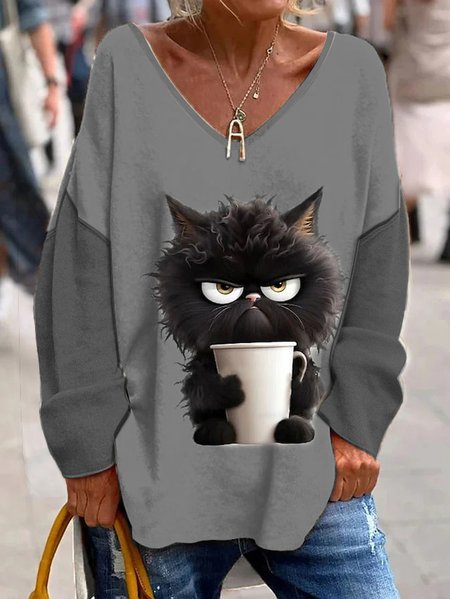 

Cat Knitted V Neck Casual Blouse, Gray, Blouses