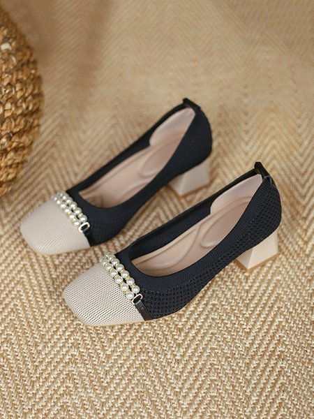 

Elegant Imitation Pearls Arch Support Insole Breathable Square Toe Block Heel Pumps, Black, Heels