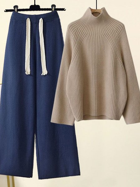 

Women Plain Turtleneck Long Sleeve Comfy Casual Top With Pants Two-Piece Set, Color7, Sets