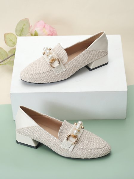 

Elegant Linen Paneled Imitation Pearls Low Heel Loafers, Apricot, Loafers