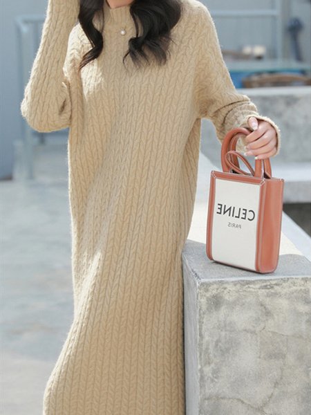 Yarn/Wool Yarn Crew Neck Casual Sweater Dress With No, Khaki, Maxi Dresses