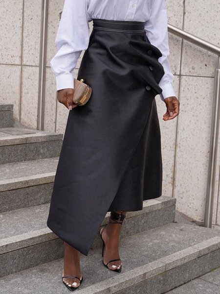 

Plain Regular Fit Buttoned Urban Skirt, Black, Skirts