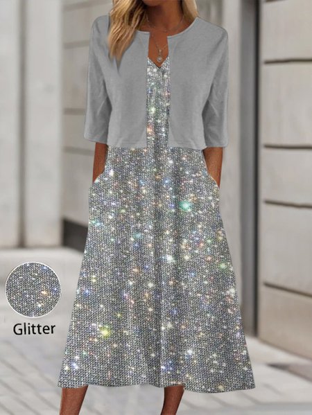 

Glitter Two-Piece Set Sequin Dress With Cardigan, Gray, Suit Set