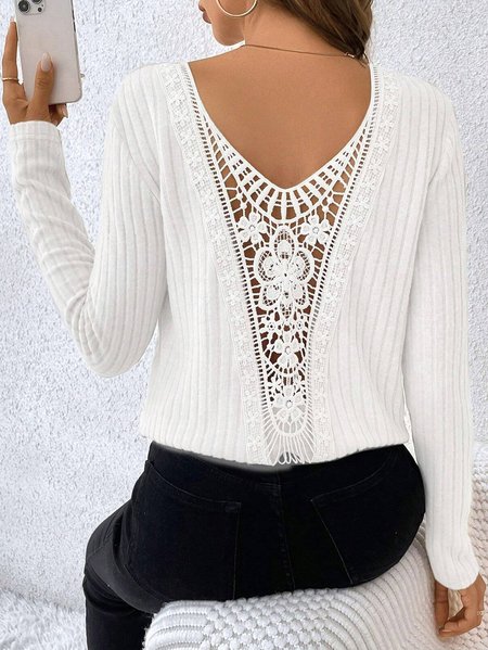 

Loose Crew Neck Elegant Lace Shirt, White, Long Sleeves