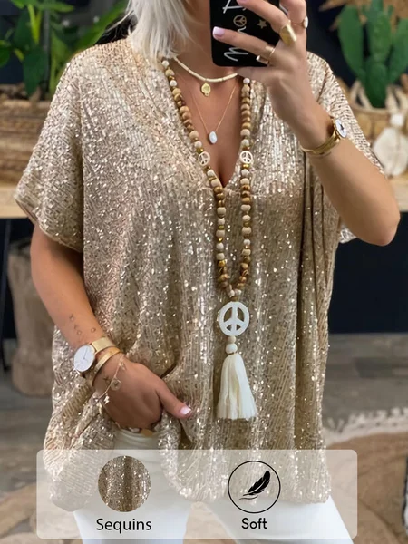 

V Neck Long Sleeve Plain Glitter Regular Micro-Elasticity Loose Shirt For Women, Golden, Blouses